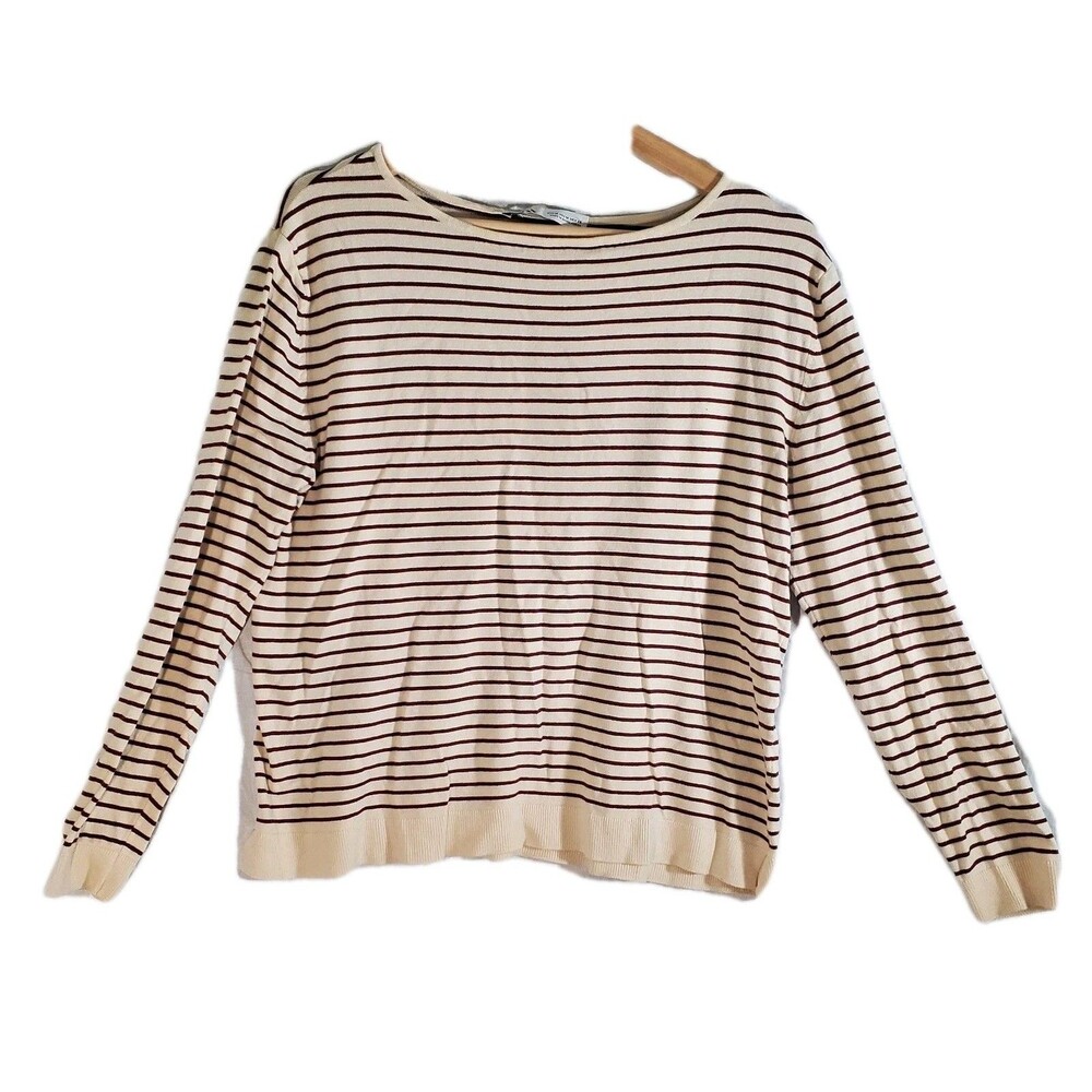 Zara Striped Boatneck Sweater Women M Cream Burgundy